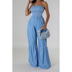 Blue Halter Neck Smocked Jumpsuit With Open Back & Wide Leg Pant For Women Size
